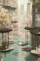 Spring Skyline Gardens Background the lush vibrant gardens floating against a backdrop of clear spring skies - Floating islands of greenery blossoming flowers created with Generative AI Technology