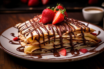 a strawberry is delicately placed beside fluffy pancakes, adorned with a drizzle of rich chocolate. Generative AI.