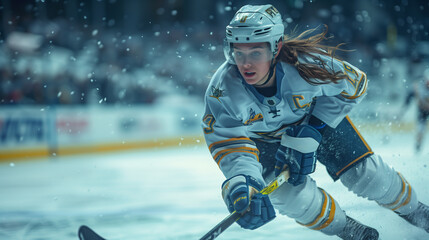 A determined female ice hockey player charges with the puck in full gear during an intense competitive match on the ice.
