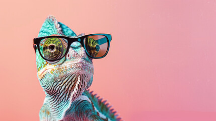 Chameleon wearing sunglasses in solid background - obrazy, fototapety, plakaty