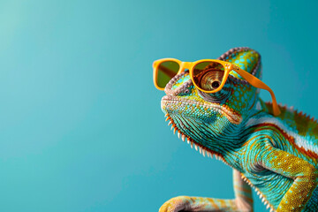 Chameleon wearing sunglasses in solid background