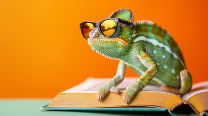 Chameleon wearing sunglasses in solid background