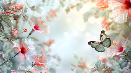 Elegant Floral banner or frame with butterflies, generative ai
