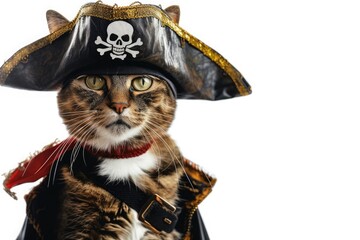 Funny animal costume of a cat pirate captain wearing a tricorn hat and crossbones, isolated on a white background 8k
