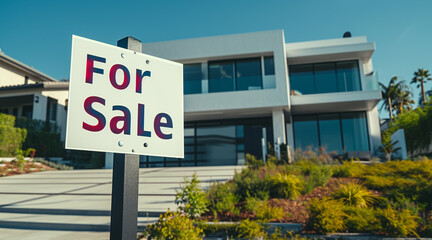 a modern property exterior with For Sale sign, conveying the idea of an available property for potential buyers. Generative AI.