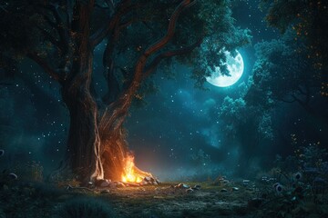 Enchanted forest scene with a magical bonfire glowing softly under the moonlight, surrounded by ancient trees.  - Powered by Adobe