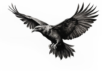 Obraz premium Black bird flying - monochrome crow illustration