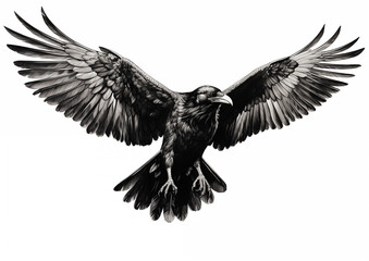 Obraz premium Black bird flying - monochrome crow illustration