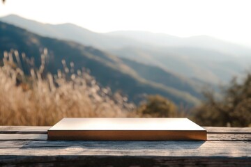 Empty brown silver board in front of blurred mountain landscape.