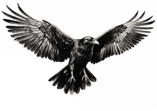 Black bird flying - monochrome crow illustration