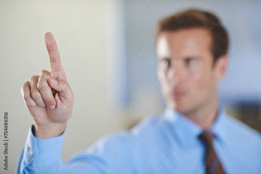 Poster finger, pointing and digital interface software, working and information technology for job. male pe