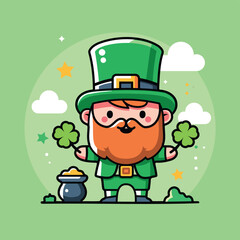 Happy and friendly leprechaun with two clovers in his hand celebrating Saint Patrick's Day