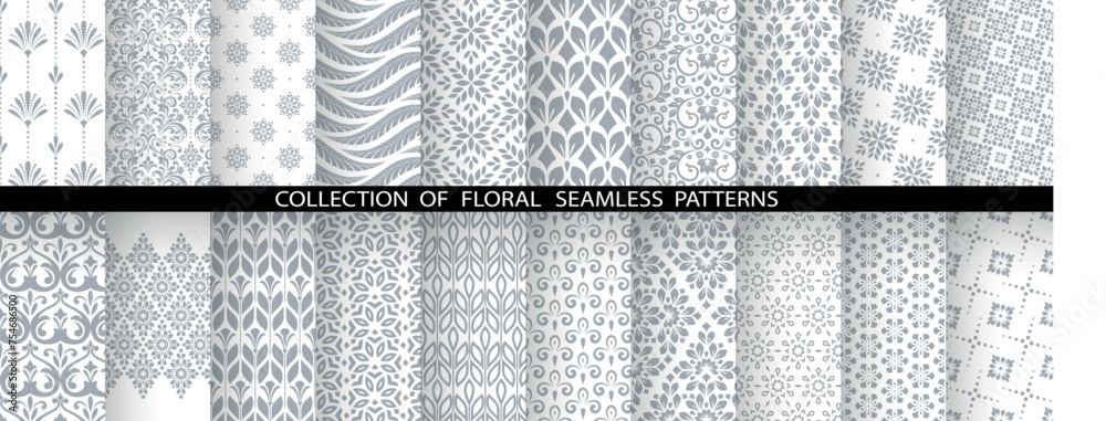 Wall mural Geometric floral set of seamless patterns. White and gray vector backgrounds. Damask graphic ornaments