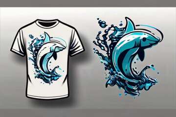 T-shirt design with dolphins in water splash.