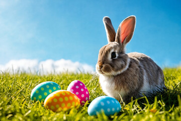 Easter bunny with colorful eggs on grass with blue sky