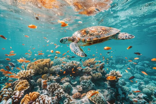 Underwater images of a lively coral reef featuring schools of fish and gracefully swimming sea turtles.
