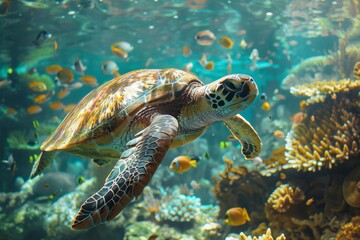 Underwater images of a lively coral reef featuring schools of fish and gracefully swimming sea turtles.