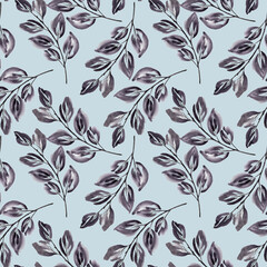 Seamless pattern with leaves. Black, gray twigs on a light gray-blue background.