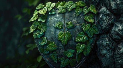 Protection Shield, Design a shield adorned with green leaves, representing the defense of nature against harmful forces and practices - obrazy, fototapety, plakaty