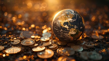 Earth Investment, Visualize a globe surrounded by coins, suggesting that investing in the planet...