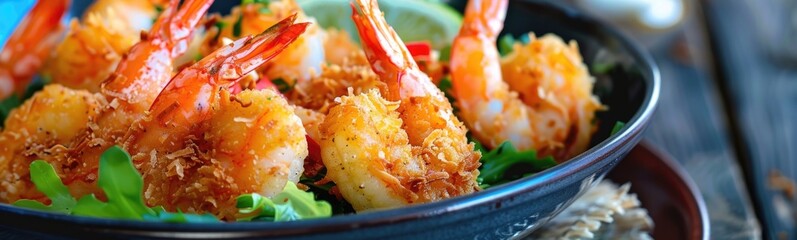 Coconut crusted shrimp tropical meal background. Food background 