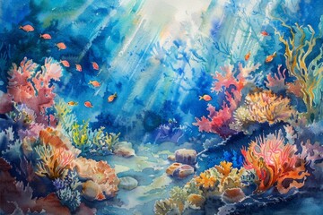 Underwater pictures of coral reefs with watercolors It's full of colorful fish, coral, and sunlight shining through the water.