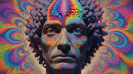 Psychedelics hallucinogenic and hallucinogens representing states of psychedelic consciousness and psychology or psychological hallucinating. Interplay of human profile mental health, inner peace - obrazy, fototapety, plakaty
