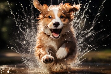 A dog jumps into the water with the word golden on it.
