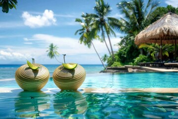 pool with artificial beach and tropical ocean. generative ai.