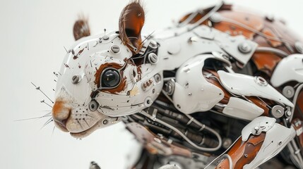Biomechanical squirrel in a wildlife scene with mechanical, robotic elements, in titanium white and bark brown