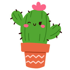 Isolated Cute cactus plant in pot with a happy smile in transparent background.