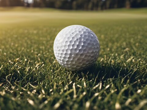 Sport stadium with golf ball on grass field with sunset as a backdrop. Digital 3D illustration for background advertisement or banner. Golf training program. Sport concept design. Golf Day