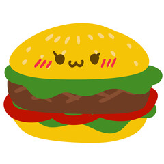 Isolated kawaii cute burger with a happy smile in transparent background.