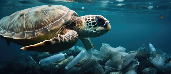Fototapeta premium A turtle is seen swimming over a large pile of garbage in the ocean, with plastic bottles and other waste visible beneath it. This image highlights the issue of plastic pollution affecting marine life