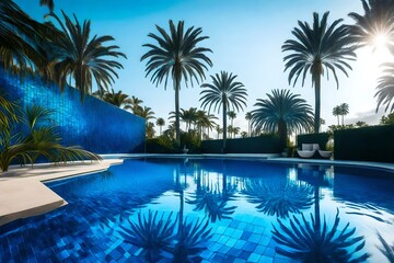 Fototapeta na wymiar The electric blue water of the swimming pool reflects a palm tree, creating a stunning natural landscape art piece with a serene pattern and grass surroundings