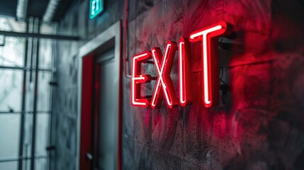 Modern red neon sign spelling the word EXIT on dark grey wall - obrazy, fototapety, plakaty