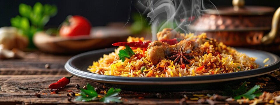 Classic-style painting of a steaming plate of chicken biryani served with aromatic spices and garnishes