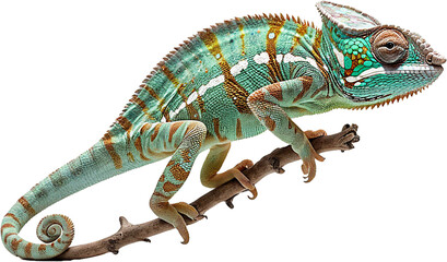 Chameleon in motion, jumping isolated on transparent background. Generative AI.