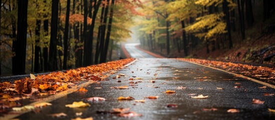 A wet road winds through a dense forest in the Adirondacks, with fallen leaves scattered on the asphalt. The scene captures the essence of a rainy autumn day in Upstate New York.