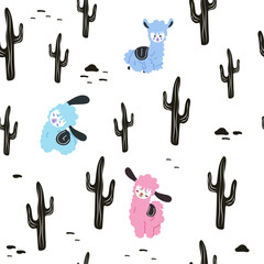 Cute Llamas and cactus seamless pattern
