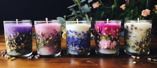 A variety of handmade flower soy candles, each uniquely colored, sit in a row on top of a wooden table. The candles are infused with herbs and crystals.