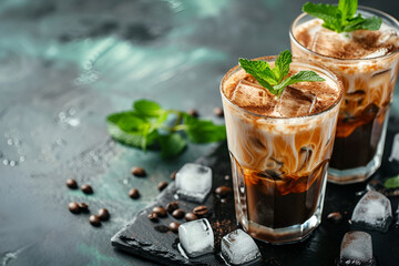 Ice coffee with mint and milk. Big glass of coffee cocktail. Cool refreshment summer drink on dark background in law key. copy space for text. AI Generative.