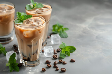 Ice coffee, frappuccino with mint and milk. Big glass of coffee cocktail. Cool refreshment summer drink on dark background in law key. copy space for text. AI Generative.