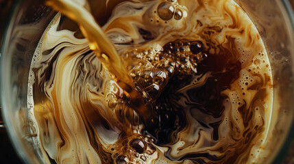 Cold Brew Coffee Being Poured Into a Clear Glass with Milk - Artistic Swirl Effect Closeup with Liquids Mixing - In Tan, Beige, Brown, and Cream Color Tones