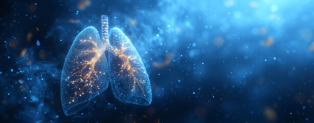 Digital representation of human lungs with sparkling structure, blue background, medical, health, biology, respiratory system, anatomy, science, technology, particles, 3D, glowing