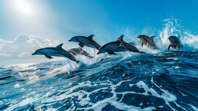 Fototapeta Dynamic Dolphin Movement in Sparkling Azure Waves AI Generated.