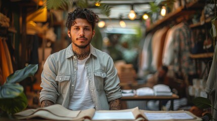 Fototapeta premium Young Latinx entrepreneur launching a sustainable fashion brand, eco-friendly materials, workshop
