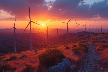 Wind turbines at sunset in a rugged landscape, renewable energy, environmental sustainability.