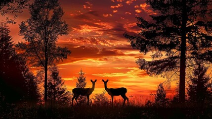 Tranquil Deer Silhouettes in Majestic Sunset Glow.