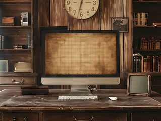 A computer monitor sits on a desk in front of a wooden wall with a clock on it